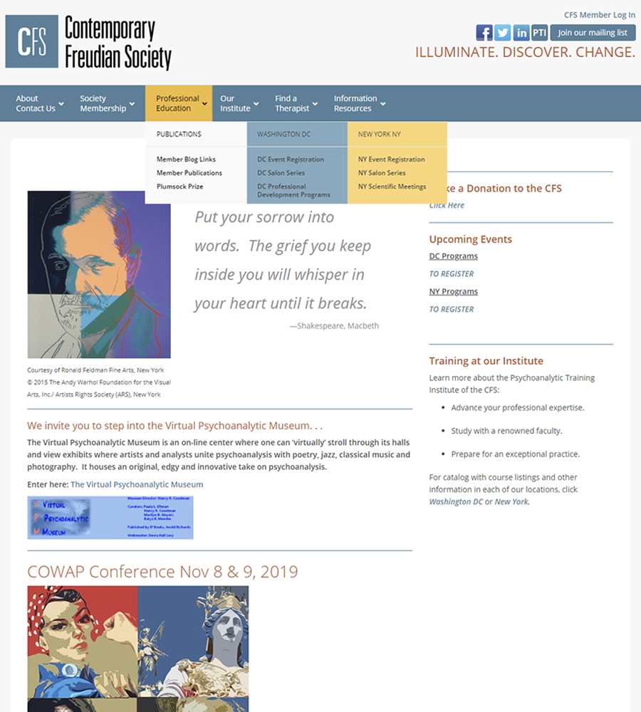 The current homepage of the Contemporary Freudian Society illustrates one part of the complete nonprofit communications reset that Public Voice NY provided.